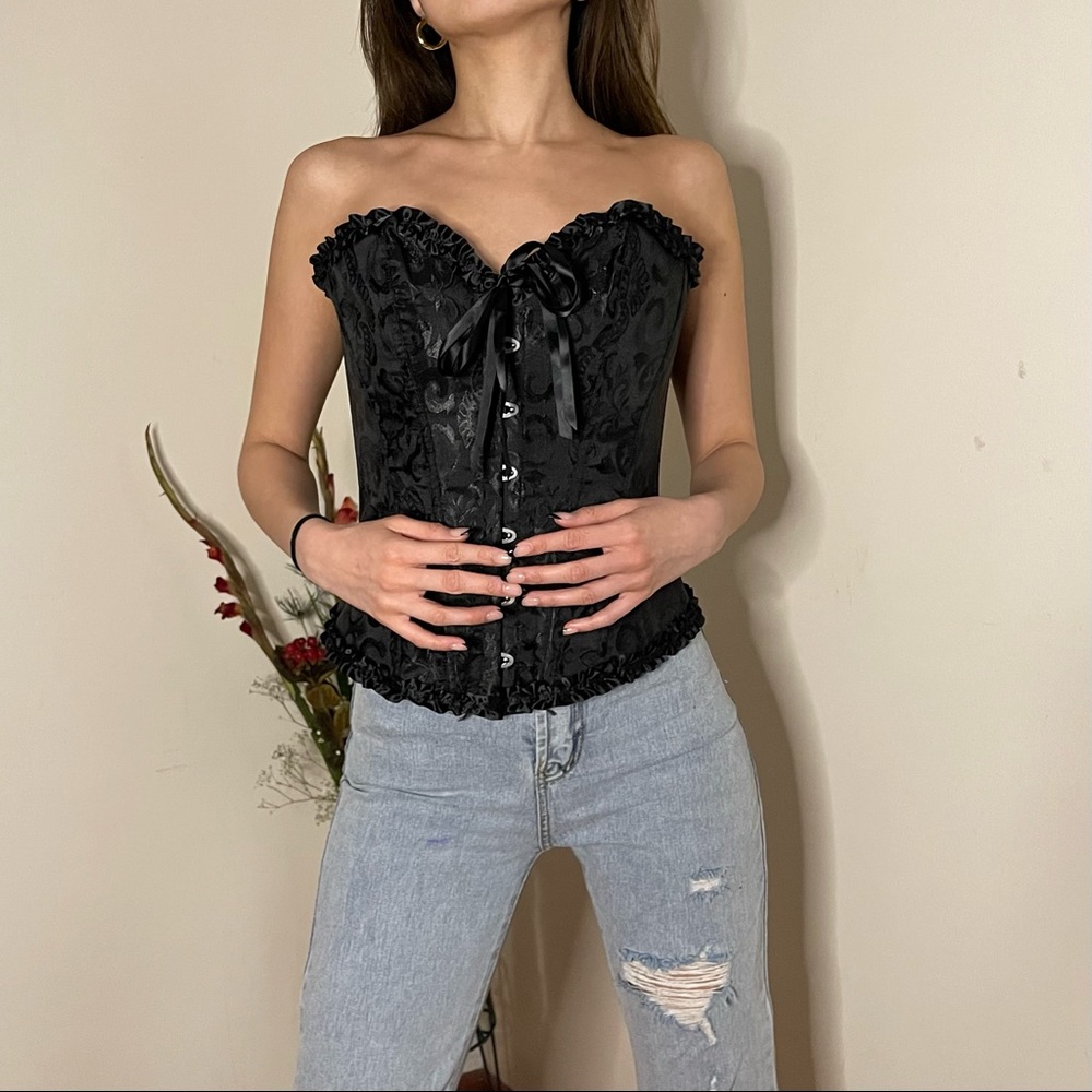 Black Baroque Print Corset Top, size S from SHEIN